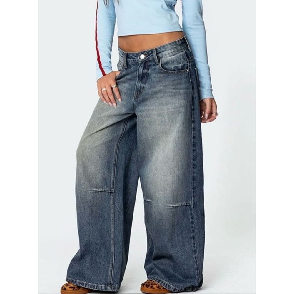 Edikted Women's Skater Girl Jeans XS Blue Wash Baggy Wide Leg Denim